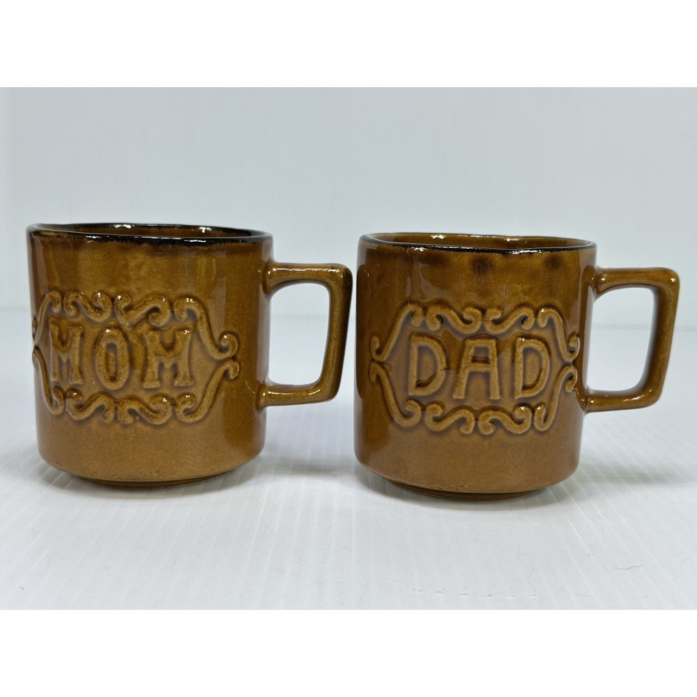 Vintage 70s MOM & DAD Potter Glazed Brown Mugs Set of 2